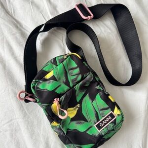 Ganni Leaf Print Crossbody Bag with Black Strap
